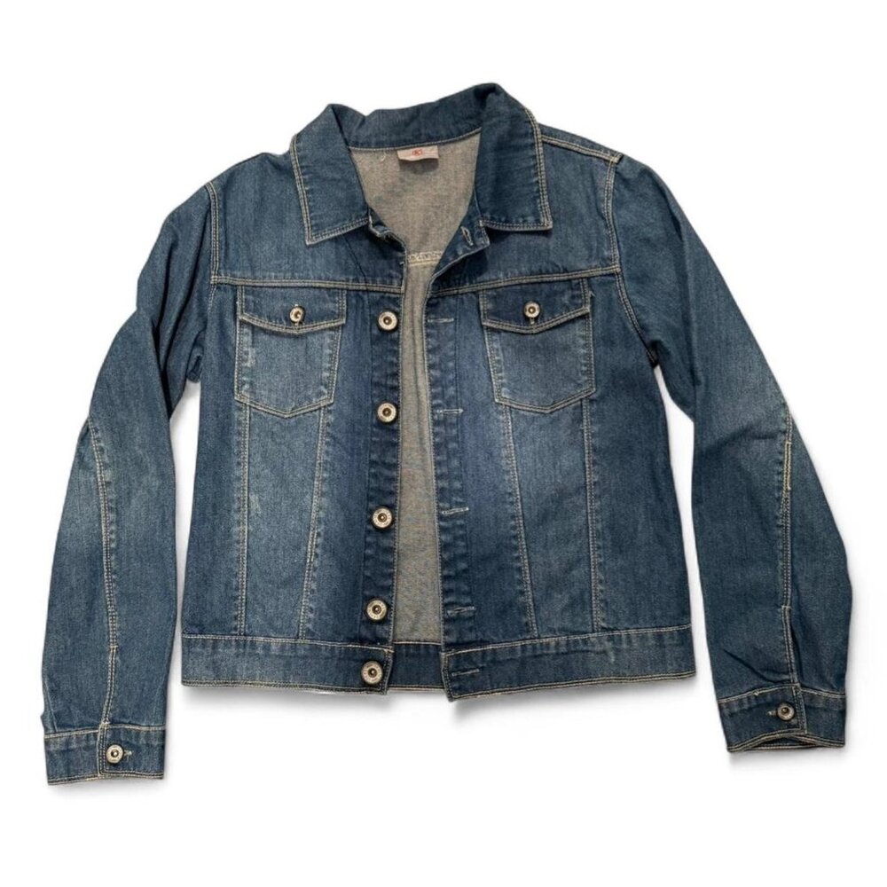 Dark blue denim jacket with button-up front
